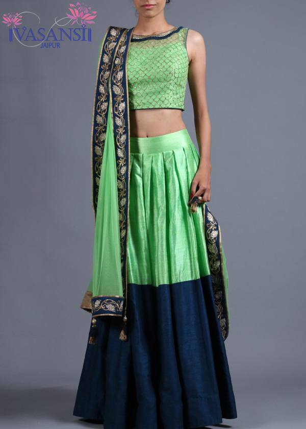 Vasansi Green Raw Silk Crop Set Lehenga