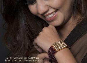 18k Gold and Diamond Polki Bracelet with ruby-red garnets strung like a Mat - gold diamond polki kundan meena jadau jewellery