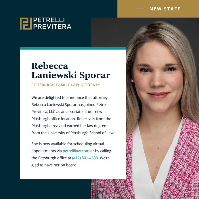 Announcing attorney Rebecca Laniewski Sporar has joined Petrelli Previtera as an associate at our new Pittsburgh office location.  She is now available for scheduling virtual appointments by calling the Pittsburgh office at  (412) 501-4630

1 PPG Place, Pittsburgh, PA 15222