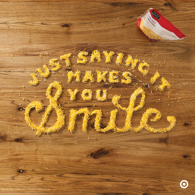 Cheese, smile, wood, bag of cheese, cheese, cheesebag, target, yellow, wood grain, ad, food, type, creative