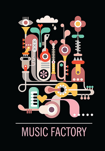 Abstract art composition. Graphic design with text "Music Factory". Isolated vector illustration on black background.