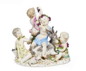 Putti as bacchantes, with a goat. Meissen #Sets #Teasets #Porcelainsets #Antiqueplates #Plates #Wallplates #Figures #Porcelainfigurines #porcelain