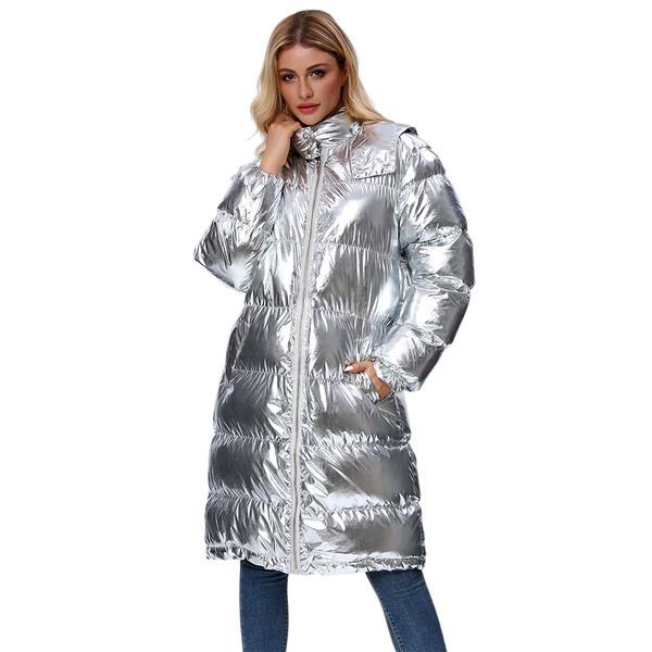 Winter Thick Tooded Shiny Woman Winter Jacket Silver Long over the knee versatile Cotton coat