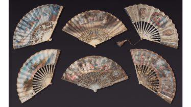 Six fans painted vellum and ivory silver-tone openwork decoration, silvered and gilded, representing scenes galantes and mythological.