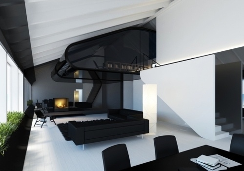 thetieguy: dream apartment! - Mylo Xyloto #sofa #white #house #black #home #monochrome #architecture #fireplace