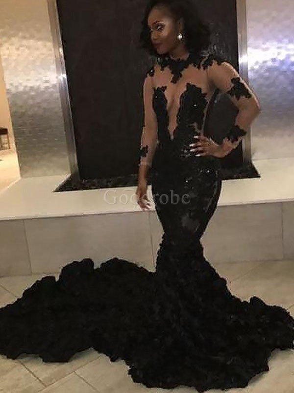 Robe de soirée appliques de sirène au niveau de cou en tulle de traîne moyenne