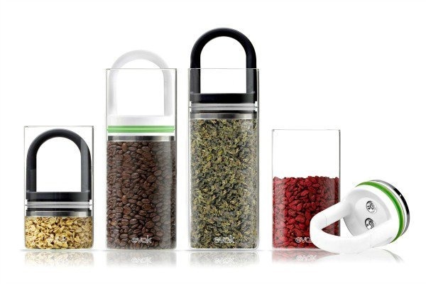 A food container storage system that uses an airtight seal and glass canisters to keep food fresh for longer. #container #storage #design #home #food #product #system #industrial