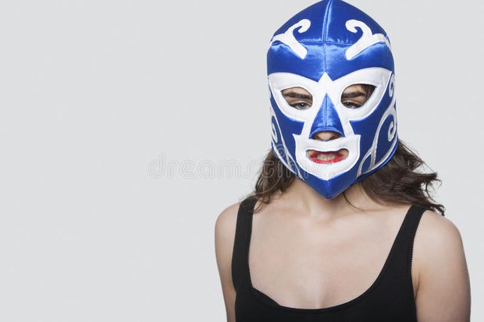 Download Portrait Of A Young Woman Wearing Wrestling Mask Over Gray Background Stock Image - Image of shot, ethnicity: 30854337