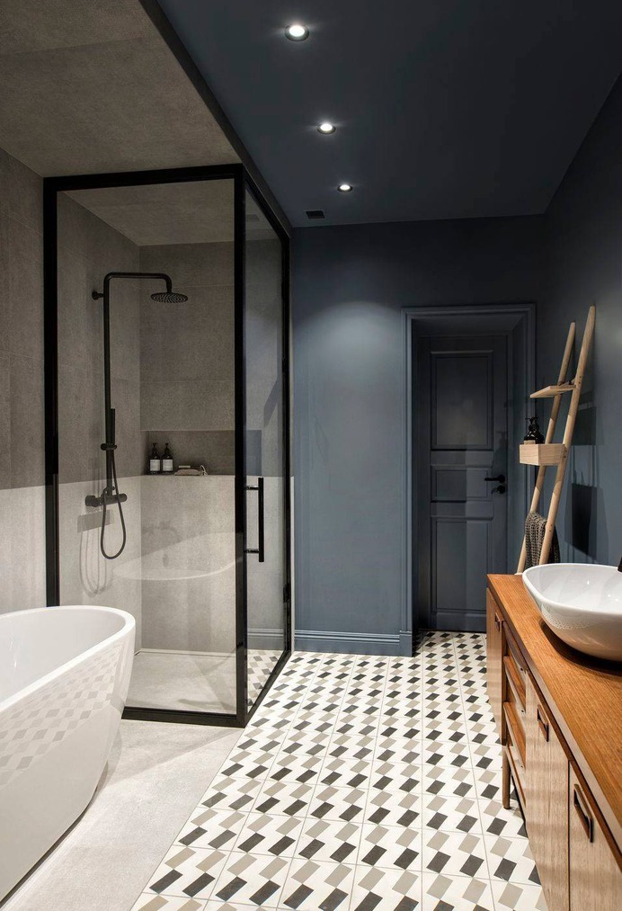 remodelproj: "Split finishes in bathrooms - Dark Paint & Tile on one side / Concrete & Black metal on the other "