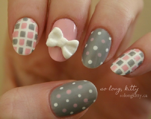 Cute checkered and polka dot bow nail art. Put in together cute bows, checkered prints and polka dots and you get this adorable nail art com