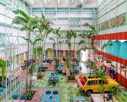 taller KEN populates madero café in guatemala with tropical planting and vintage cars