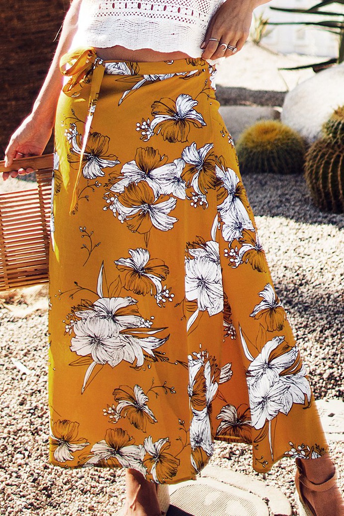 Yellow Floral Print Maxi Skirt