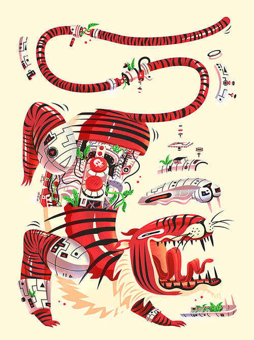 tiger, anatomy, illustration, red, inside