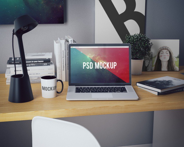Laptop on desk with book and pictures mock up Premium Psd. See more inspiration related to Mockup, Book, Template, Laptop, Web, Website, Mock up, Desk, Templates, Website template, Mac, Macbook, Mockups, Up, Web template, Realistic, Pictures, Real, Web templates, Mock ups, Mock and Ups on Freepik.