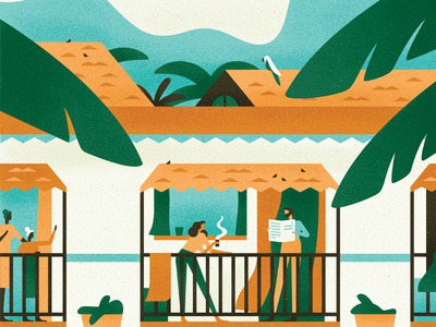 Colombia jungle railing balcony child character people sky tropical parrot palm