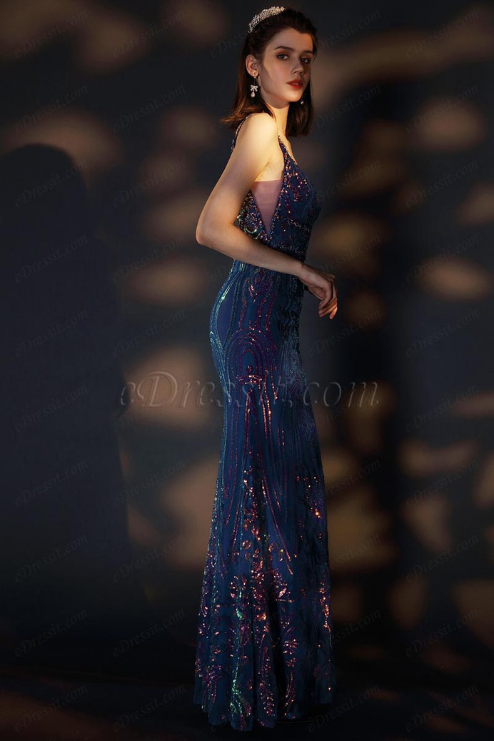 eDressit Blue Spaghetti V-Cut Gorgeous Beaded Party Prom Gown (02204505)