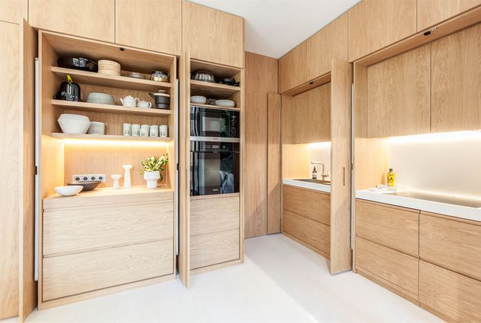 Kitchen Hidden Behind Elegant Wall Panels at Barcelona Residential Project