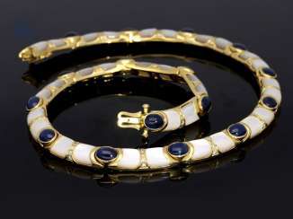 Kette/Collier: sehr dekoratives und außergewöhnliches Goldschmiede-Collier mit Saphiren, Brillanten und Perlmutt