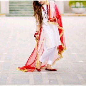 White and red color cotton pant suit