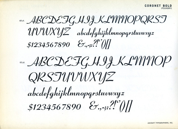 Specimen of the Coronet font designed by R. Hunter Middleton for Ludlow #type #specimen #font #typography