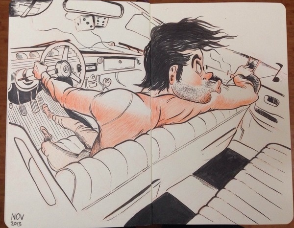 Art by Ryan Liebe - Working with brush and ink is always a humbling experience. #ink #sketchbook #illustration #driver #car #pen #guy #moleskine #brush #drawing