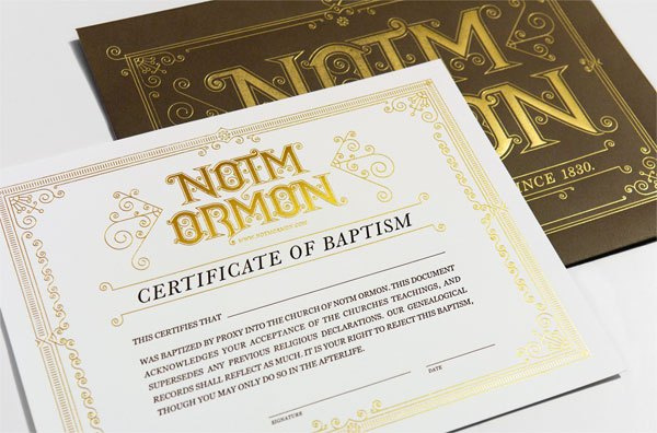 Notm Ormon Certificate and Envelope #certificate #foil stamp #gold #baptism