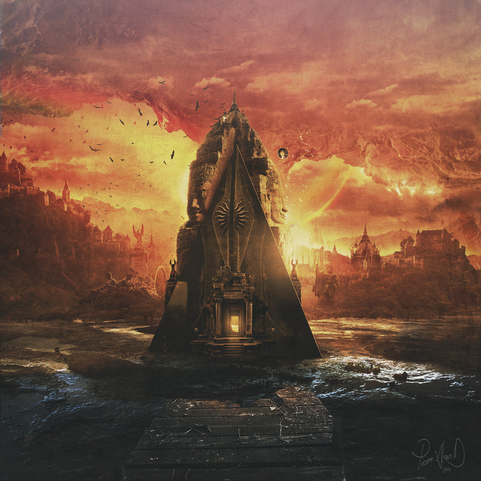 "A World Of Legends" by Pierre-Alain D. #temple #olympus #water #gods #city #door #orange #world #landscape #statue #gate #olympe #surreal #pyramid #god