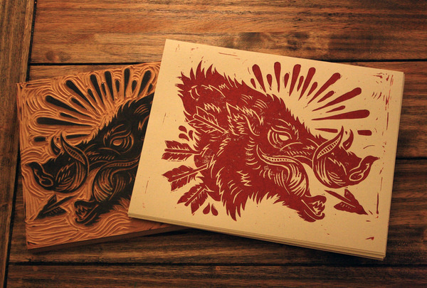 hog5 #cut #print #boar #block #wood #illustration