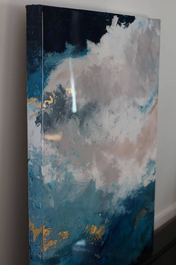 Acrylic and resin glossy painting, Bright colorful wall piece with super glassy shine. Blue, white, grey Acrylic paint on this abstract painting topped with an epoxy resin overlay to give it a glass-like shine. This is a gallery wrapped high quality canvas 24”x 30”. 1.5 inch deep