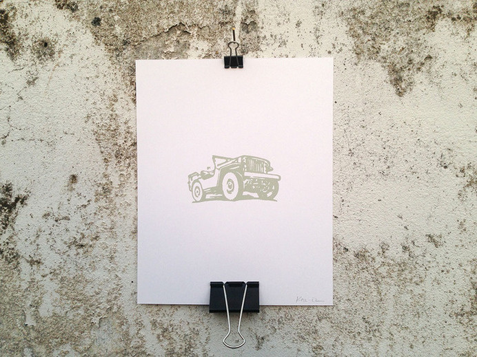 Jeep - 8 x 10 Mini Poster #willys #army #jeep #automobile #classic #kitsch #retro #military #illustration #vintage #etching #car #green