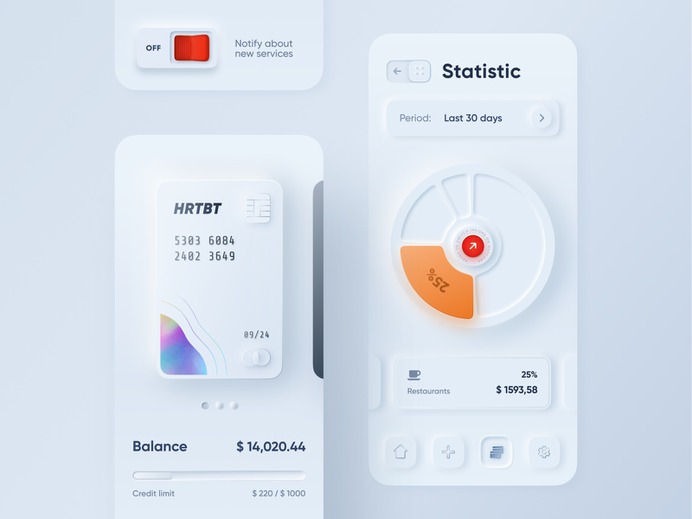 Skeuomorphism / Neumorphism UI Trend - SKEUOMORPH MOBILE BANKING BY ALEXANDER PLYUTO