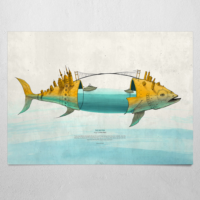 #the big fish #beige #poster #wallart #fish #istanbul #bosphorus #bridge #kaanbagci #water #drawing