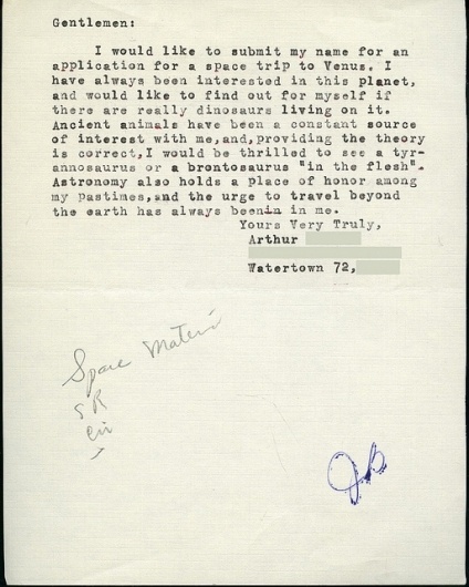 1950 letters from wannabe space travelers hoped for canine astronauts and Venusian dinosaurs #letter #vintage #space