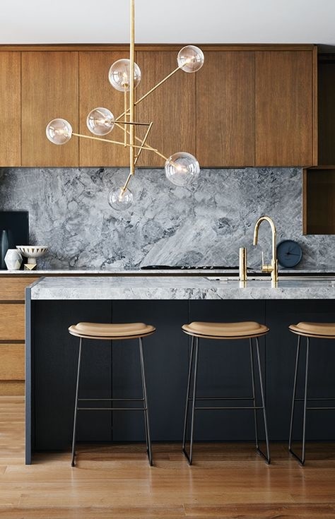 Grey Marble Backsplash, Natural Wood Cabinets, Modern Kitchen