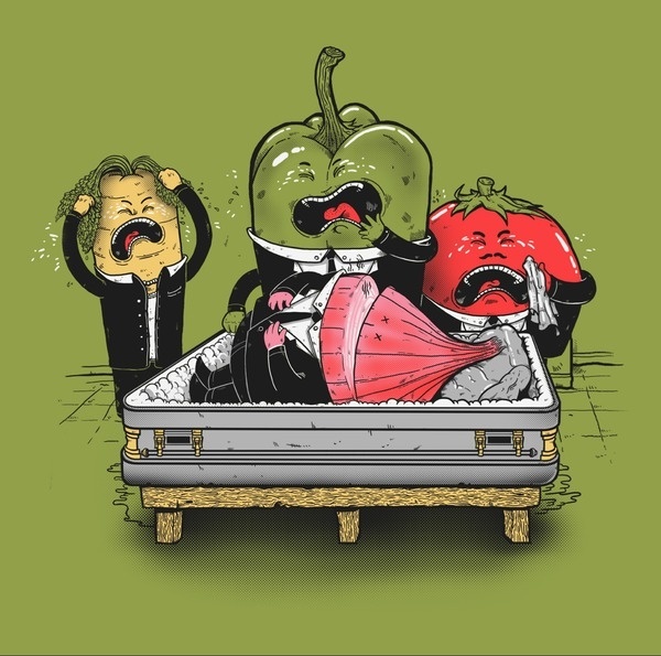 Vegetable Tragedy by Madkobra #carrot #peppers #funeral #onion #vegetables #illustration #tragedy #death