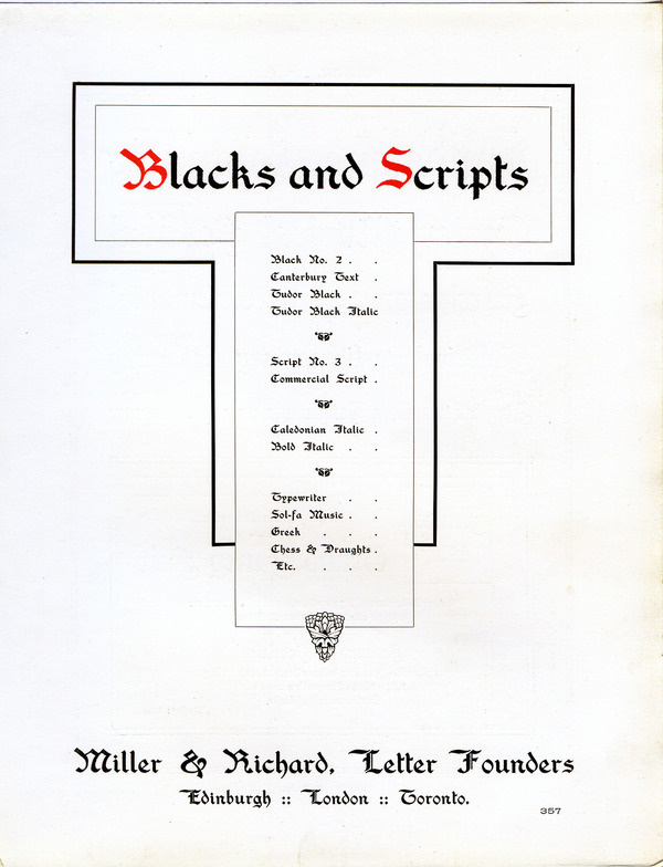 This is the title page to the blackletter and script section of a Miller and Richard specimen. #type #specimen #typography