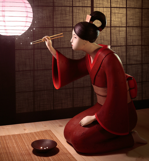 Hand Sculpted Clay Illustrations by Irma Gruenholz #sculpture #asia #design #illustration #geisha #glow #art #meal #oriental #illumination #japan #beauty