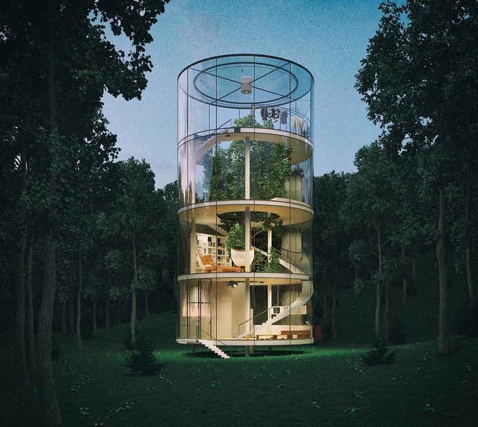 Remarkable glass cylinder tree house by Amasow Architects.