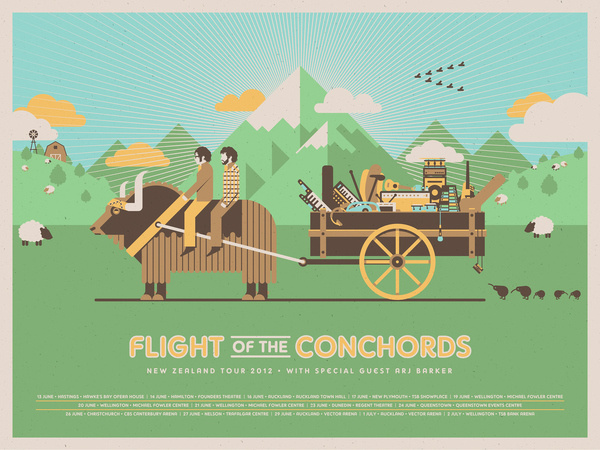 Flight of the Conchords tour poster // DKNG #conchords #flight #of #texture #the #zeland #illustration #poster #music #dkng #mountains #country #tour #new