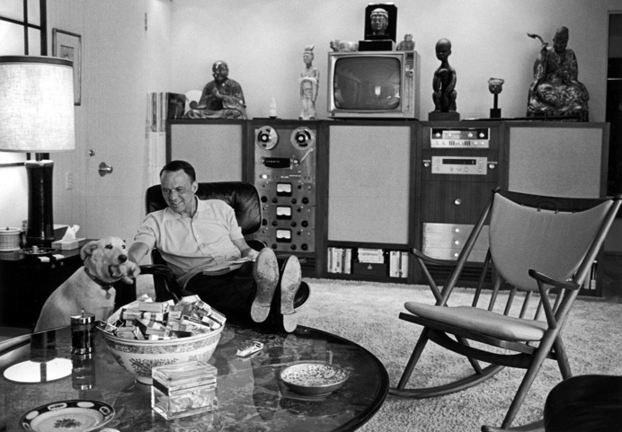 Entertainer Frank Sinatra relaxing w. pet dog Ringo at home. #eames