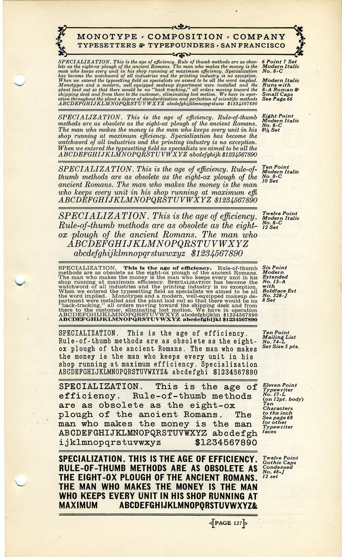 A type specimen of miscellaneous Monotype fonts. #type #specimen #monotype