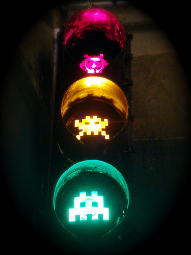 space invader pixel graffiti art on stop lights #invader #graffiti #space #pixel #stop #light