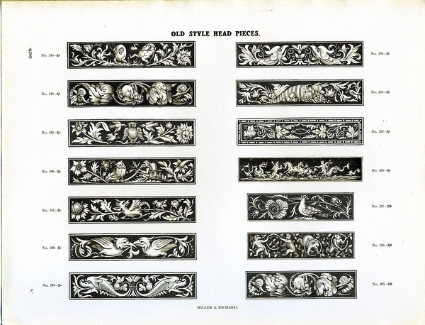 These large ornaments are from Miller and Richard. The white dots in the negative space are used to lighten the typographic color of the orn #type #specimen #typography