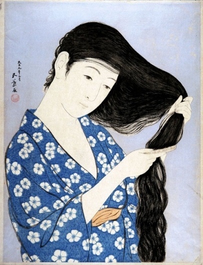 hanga gallery . . . torii gallery: Woman Combing Hair by Hashiguchi Goyo #white #woman #kimono #print #black #hair #blue #japan