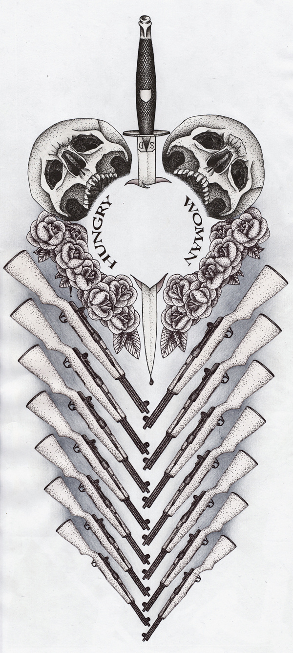 Hungry woman #dagger #woman #gun #rose #ba #ck #dots #skull #knife #hungry