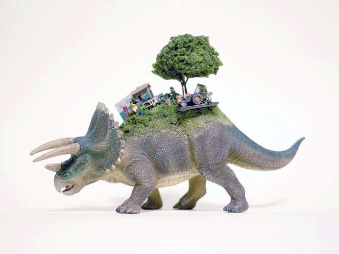 Toy Mammals and Dinosaurs Burdened with Miniature Civilizations by Maico Akiba toys sculpture miniature dioramas #burden #sculpture #triceratops #back #civilisation #dinosaur #minature