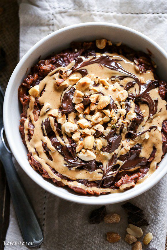 This Chocolate Peanut Butter Oatmeal tastes like a peanut butter cup, but it's sweetened with just a ripe banana! You'll love to wake up to this gluten-free, refined sugar-free + vegan breakfast.