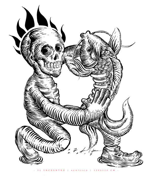 EL ENCUENTRO... on Behance https://www.behance.net/gallery/20667465/EL-ENCUENTRO #flames #ink #white #arte #pez #sadik #mexico #guanajuato #koi #fish #& #black #leon #art #ilustration #calavera #encuentro #skull #tinta