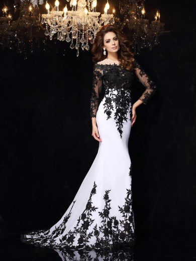 Sheath/Column Long Sleeves Scoop Lace Chiffon Sweep/Brush Train Dresses