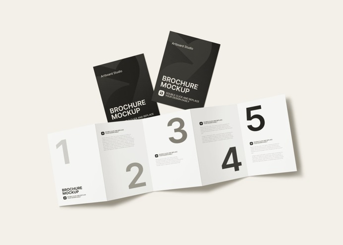Customize the brochure mockup items. Place your own brochure designs to mockup items. Change the background color and adjust the filter effect. Create your own 4-fold brochure mockup scene. #mockup #print #brochure #branding #logo #editorial #page